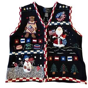 Planet & Company Women’s Petite XL Black Americana Christmas Vest Ramie Cotton